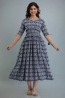 FabTrends Women Geometric Print Flared Kurta(Blue)