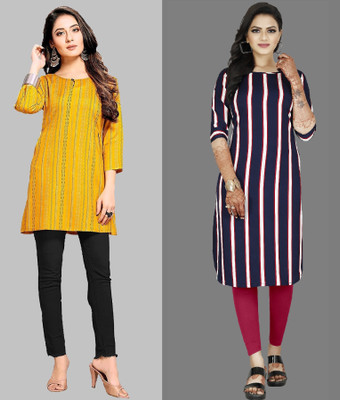tanvi creation Women Striped Straight Kurta(Yellow, Purple)