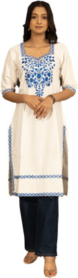 Gailee Women Chikan Embroidery Straight Kurta(White)