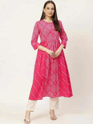 FABRIC FITOOR Women Bandhani Flared Kurta(Pink)