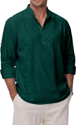SHOPYCLICK Men Solid, Self Design A-line Kurta(Dark Green)
