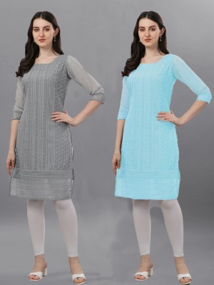 ZAZADIYA ENTERPRISE Women Chikan Embroidery Straight Kurta(Grey, Light Blue)