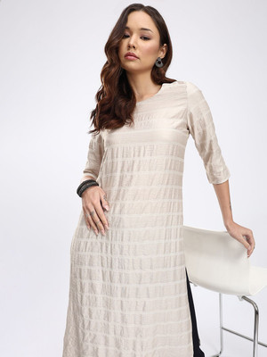 Anouk Rustic Women Striped Straight Kurta(Beige)