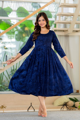 TANTANATAN Women Printed Anarkali Kurta(Dark Blue)