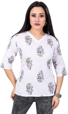 FINIFAB Women Printed, Geometric Print A-line Kurta(White)