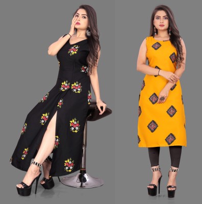 Modli 20 Fashion Women Printed Straight Kurta(Yellow, Black)