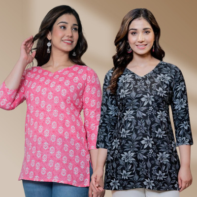 I N ENTERPRISES Women Floral Print Straight Kurta(Pink, Black)