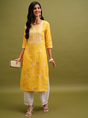 VISHUDH NEW Women Embroidered Straight Kurta(Yellow, White)
