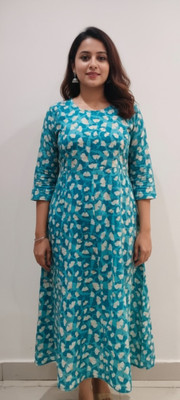 LOOK AND LIVE FASHION Women Printed Flared Kurta(Light Blue)