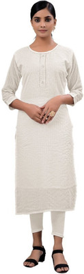 Alankrit Textiles Women Embroidered A-line Kurta(White)