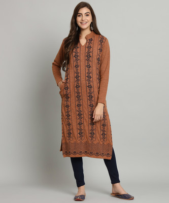 Krew Women Self Design Straight Kurta(Brown)