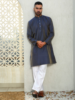 kraft india Men Woven Design Straight Kurta(Blue)