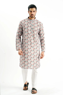 Desivibes Men Printed Straight Kurta(White)