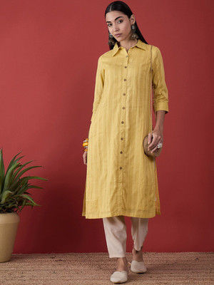 ANOUK Women Woven Design Straight Kurta(Yellow)