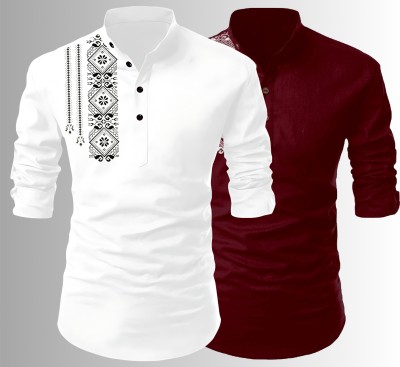 LIMRO Men Solid Straight Kurta(White, Maroon)