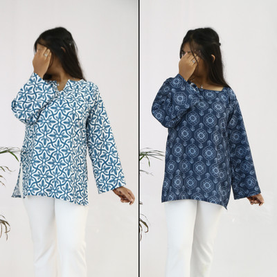 aanzri Women Printed Tunic Kurta(Blue, White)
