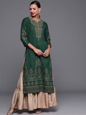 Indo Era Women Printed Straight Kurta(Green)