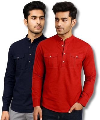 GOD HEART Men Solid Straight Kurta(Dark Blue, Red)