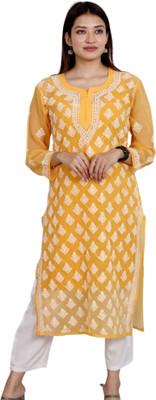 INDICRAFT Women Chikan Embroidery Straight Kurta(White, Yellow)