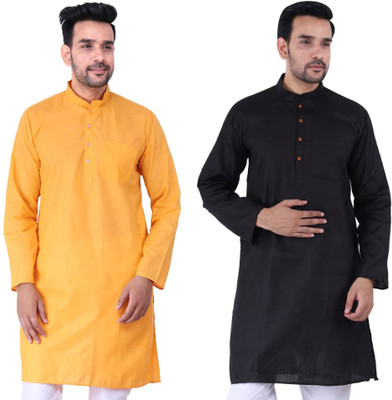 Sadree Men Solid Straight Kurta(Yellow, Black)