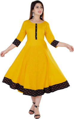 VISVA DESIGNER Women Block Print, Solid Anarkali Kurta(Yellow)