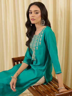 Indo Era Women Embroidered Straight Kurta(Blue)