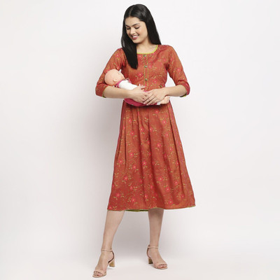 TRUE SHAPE Women Printed Flared Kurta(Orange)