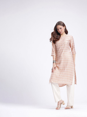 Anouk Rustic Women Striped Straight Kurta(Beige)