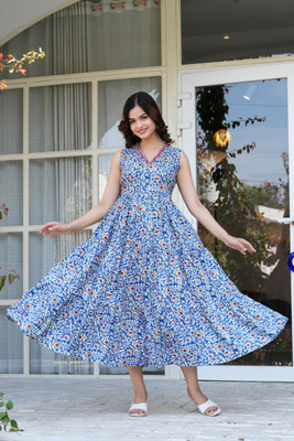 RD Fab Women Floral Print, Embroidered Anarkali Kurta(Blue)