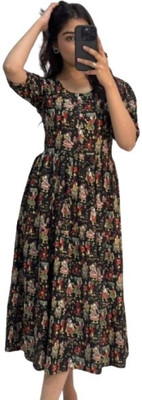 nikku textiles Women Printed, Floral Print, Tribal Anarkali Kurta(Black)