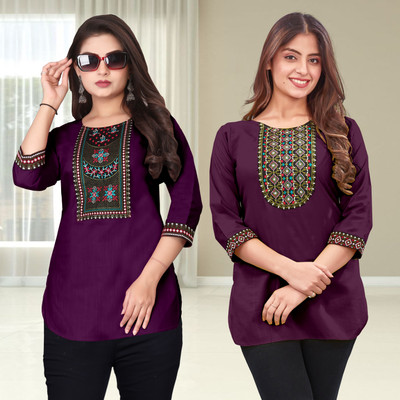 FSR Women Solid Straight Kurta(Purple)