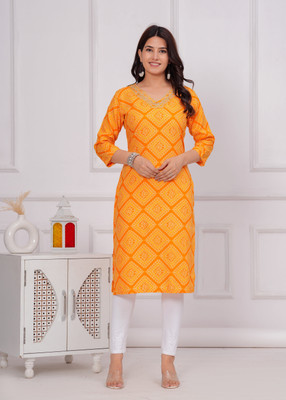 Vorixen Women Printed Straight Kurta(Yellow)