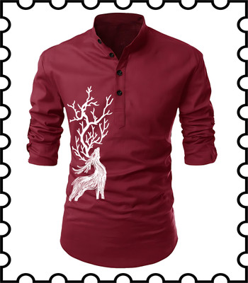 Kavyangle Creation Men Animal Print Straight Kurta(Maroon)