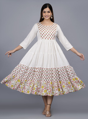 SMIEN Women Printed Flared Kurta(White)