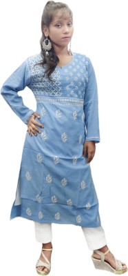 Shadab Chikan Women Chikan Embroidery A-line Kurta(Blue)
