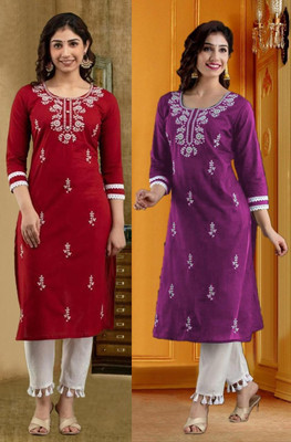 SISTO Women Chikan Embroidery Straight Kurta(Multicolor)