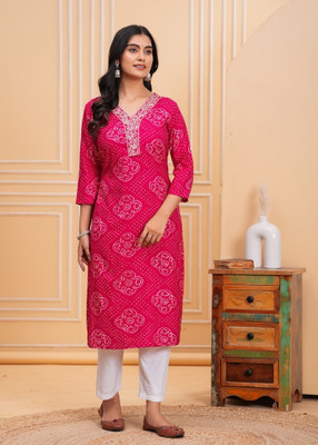 Preetshri Women Printed Straight Kurta(Pink)