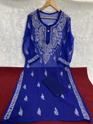 Chikankari Women Chikan Embroidery A-line Kurta(Black)