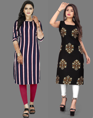 Hiral Creation Women Striped, Printed A-line Kurta(Black, Purple)