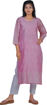 Tabarruk Women Chikan Embroidery Straight Kurta(Pink)