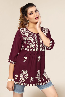Winza Designer Women Embroidered Cape Top Kurta(Maroon, White)