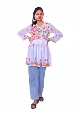 Unstop Women Chikan Embroidery Ethnic Dress Kurta(White)