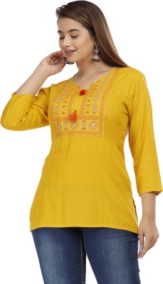 Pankti Creation Women Embroidered Straight Kurta(Yellow)