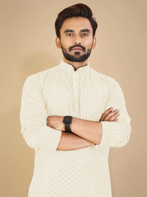 MENSKURTA Men Embellished Straight Kurta(White)
