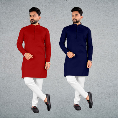 FRELURO Men Solid Straight Kurta(Dark Blue, Maroon)