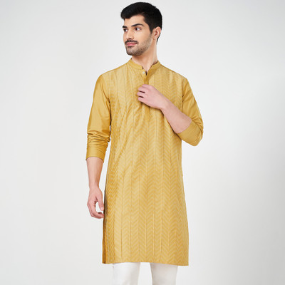 Indus Route by Pantaloons Men Self Design Straight Kurta(Beige)