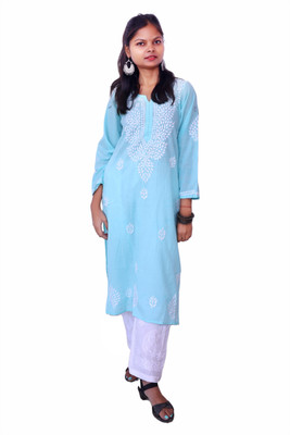 Ah creation Women Chikan Embroidery Ethnic Dress Kurta(Light Blue)