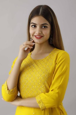 PRIYALIFASHION Women Embroidered A-line Kurta(Yellow)