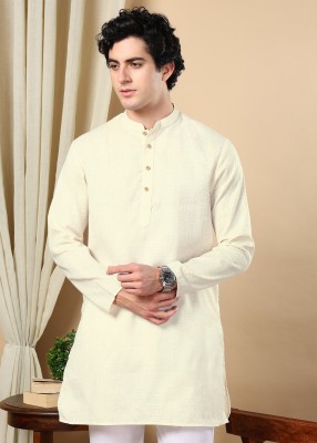 Tattva Men Woven Design Straight Kurta(Beige)