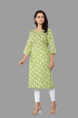 PickCell Women Floral Print Straight Kurta(Light Green)